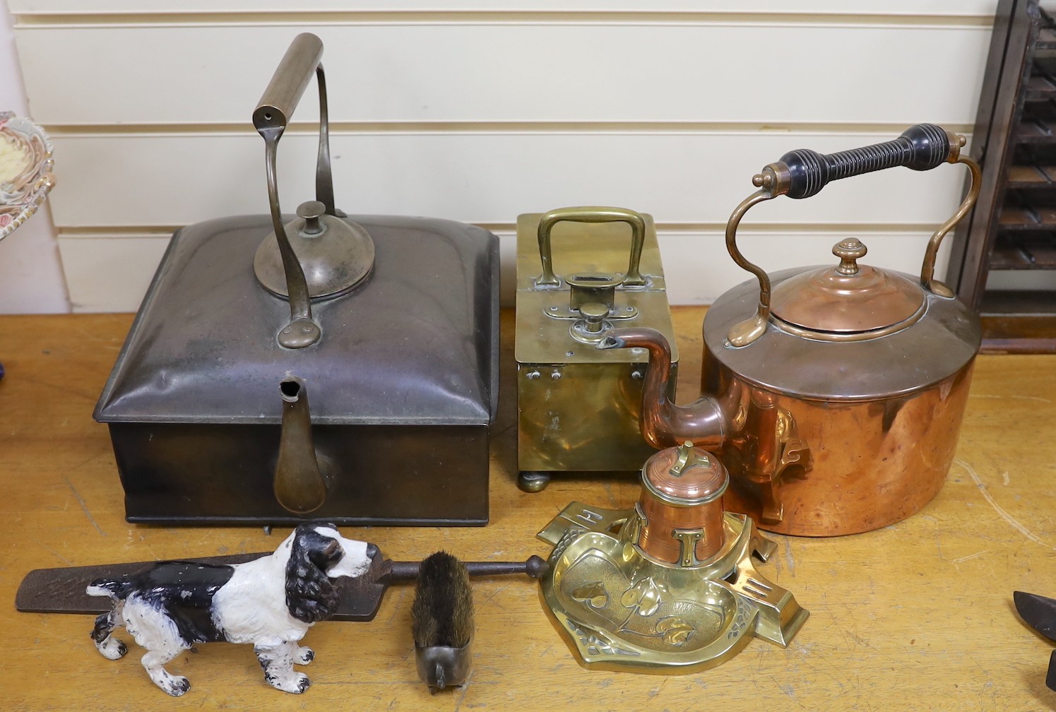 Mixed metalwares including an art nouveau copper and brass inkwell, painted model of a spaniel, honour box etc